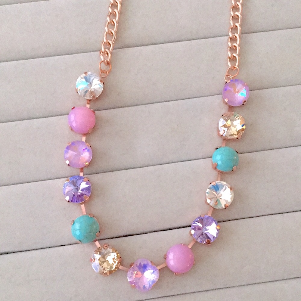 Turquoise, Violet Purple,Pink +Champagne Topaz Rose Gold Crystal Tennis Necklace - Picture 7 of 13